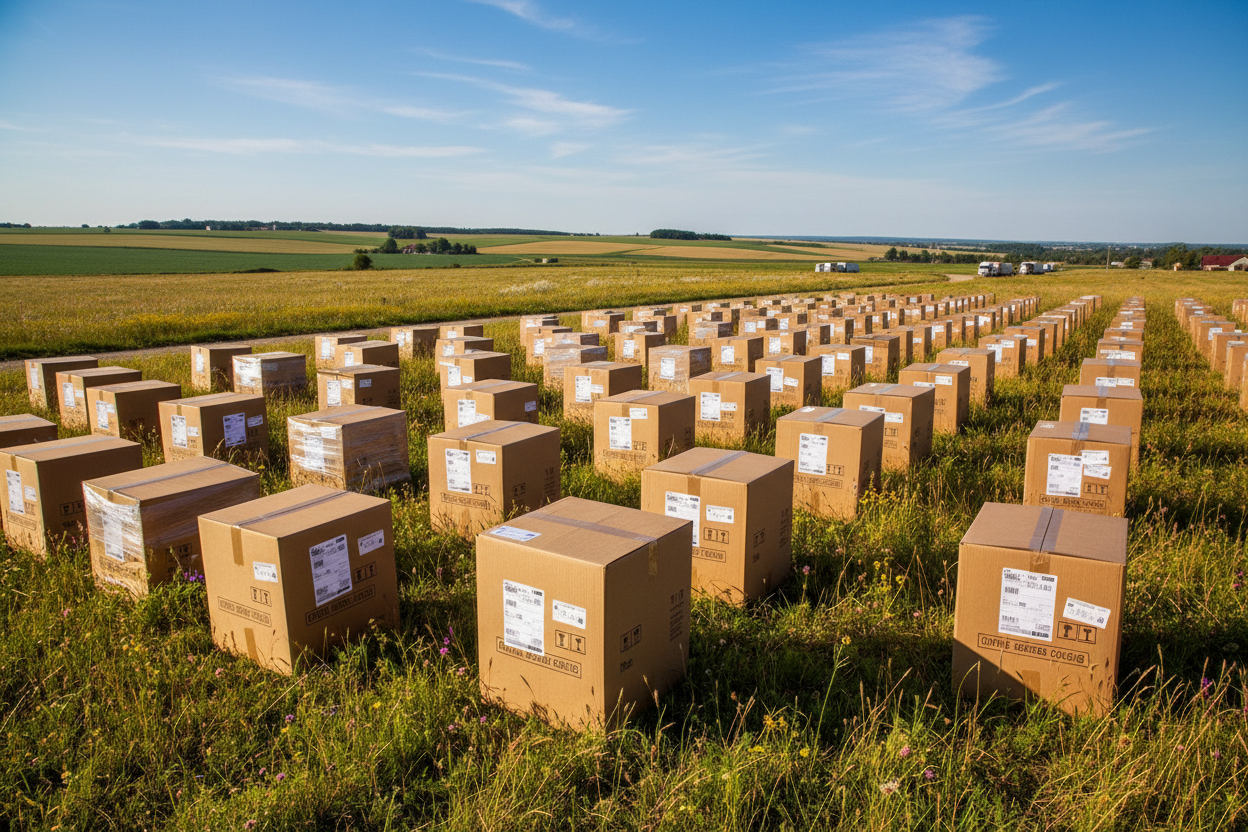 muchas cajas de productos en el campo
