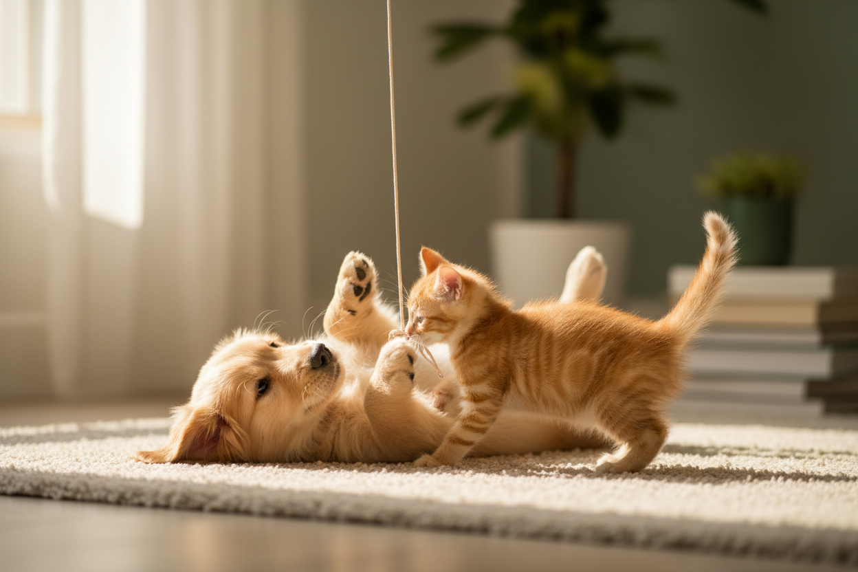 un perro y gato cachorros jugando juntos